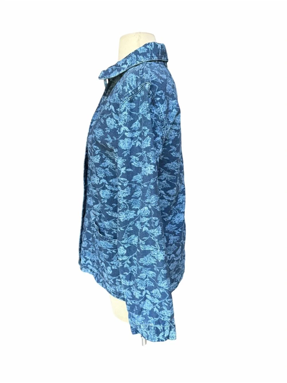 Y2K Faded Glory 100% Cotton Dark Indigo Wash Pale Blue Floral Print Denim Jacket